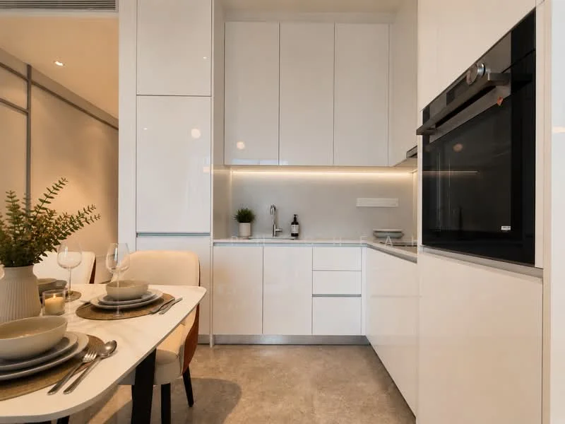 Kitchen features: white glossy cabinetry, built-in oven, stainless-steel microwave, quartz countertop, single-bowl stainless-steel sink, chrome pull-down faucet, tile backsplash, dining table with four chairs, decorative plant, table setting with plates and glasses, recessed LED downlights, grey flooring; style: modern.