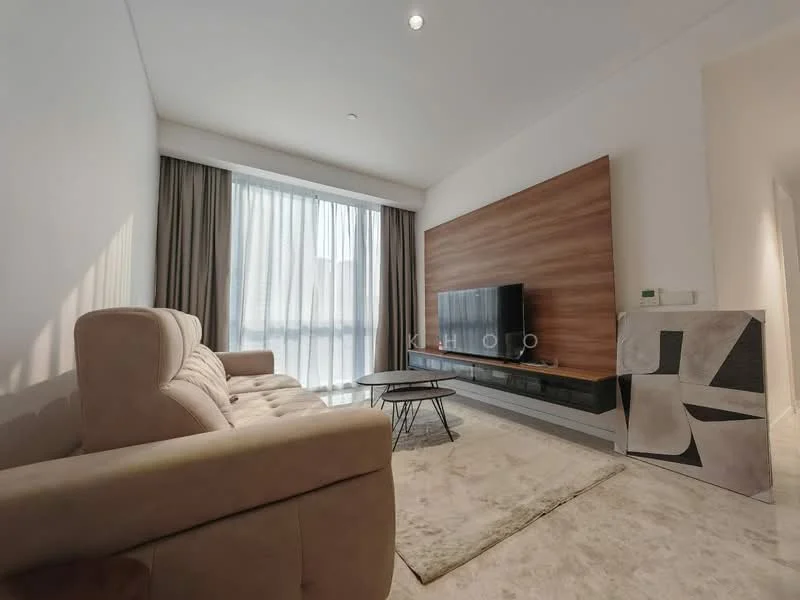Living features: beige fabric 3-seater sofa, coffee table, wall-mounted TV, wood feature wall, light-colored area rug, floor-to-ceiling windows with sheer curtains, recessed downlights, light-colored walls, light-colored flooring; style: modern.