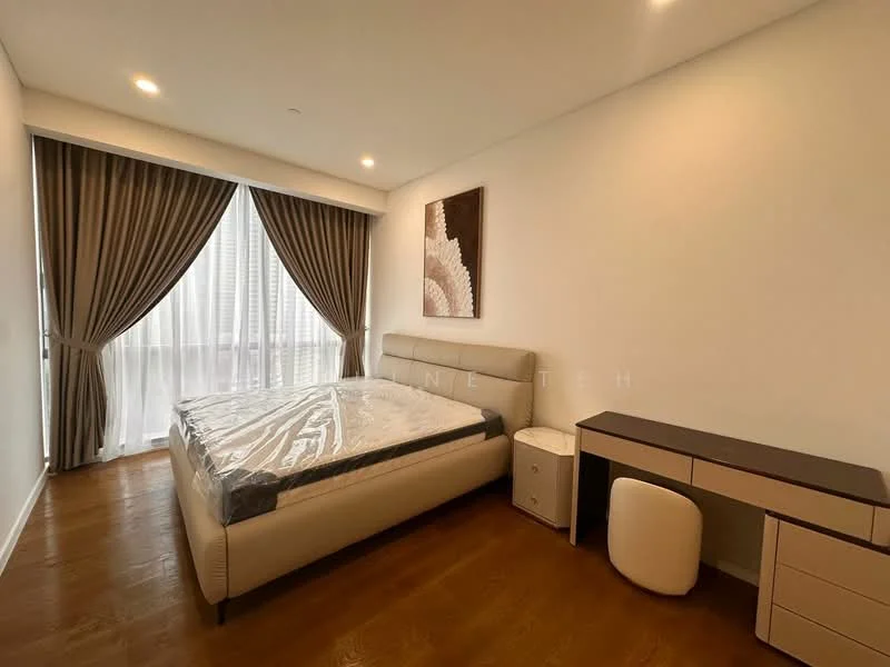 Bedroom features: king-size bed with mattress protector, upholstered headboard, wooden bedside table, white bedside lamp, study desk with drawers, white stool, floor-to-ceiling windows, sheer curtains, dark wood flooring, decorative wall art; style: modern; view: city.
