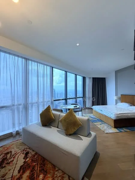 Bedroom features: floor-to-ceiling windows, sheer curtains, dark grey curtains, queen-size bed, upholstered headboard, bedside lamps, area rug with abstract pattern, sofa with cushions, wooden flooring, recessed downlights, decorative wall art, coffee table, view of city skyline; style: modern; view: city.