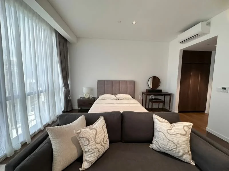 Bedroom features: queen-size bed with upholstered headboard, light grey bedding, floor-to-ceiling windows with sheer curtains, wooden flooring, wall-mounted air conditioning unit, side table with round mirror, built-in wardrobe, decorative throw pillows on sofa, sofa with dark fabric upholstery, recessed ceiling lights; style: modern; view: city.