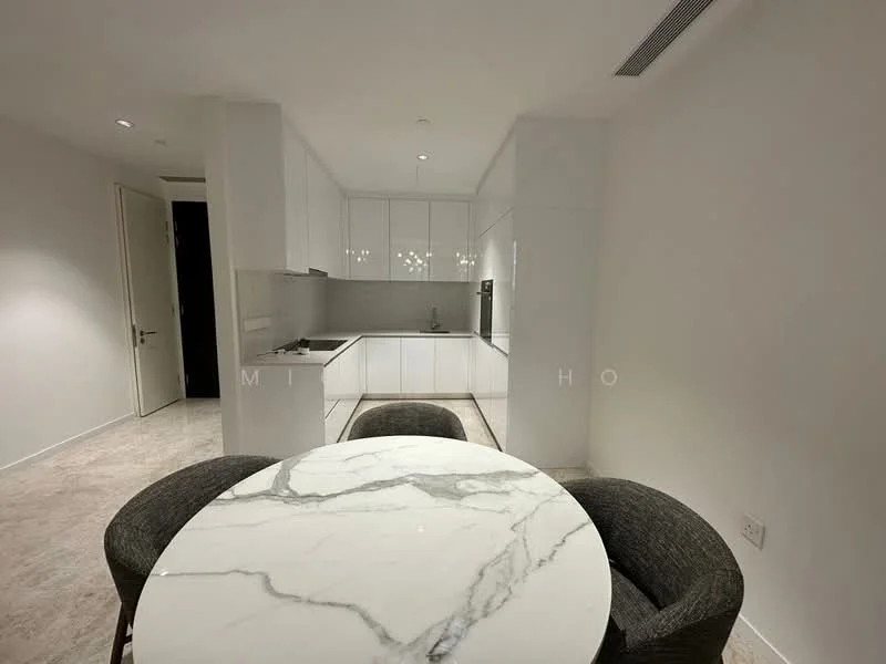 Kitchen features: white cabinetry, marble countertop, stainless-steel fridge, built-in oven, freestanding range oven, ceramic tile flooring, recessed downlights, single-bowl stainless-steel sink, chrome pull-down faucet, open layout, wall-mounted cabinetry; style: modern. Dining features: round dining table with marble top, upholstered dining chairs; style: modern.
