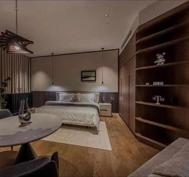 Bedroom features: king-size bed, upholstered headboard, nightstand, table lamp, built-in wardrobe, wooden flooring, recessed downlights, decorative wall paneling, area rug, wall-mounted artwork, sitting area with chairs, round dining table, vase on table; style: modern.