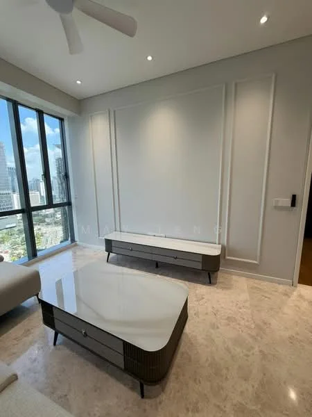 Living features: large floor-to-ceiling windows, white painted walls, marble flooring, modern coffee table with white top, console table with drawers, ceiling fan, recessed downlights, decorative wall paneling; style: modern; view: city.