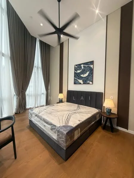 Bedroom features: king-size bed, upholstered headboard, 2 bedside lamps, wooden flooring, floor-to-ceiling windows, sheer curtains, decorative wall art, ceiling fan with light, accent wall with dark panels; style: modern.