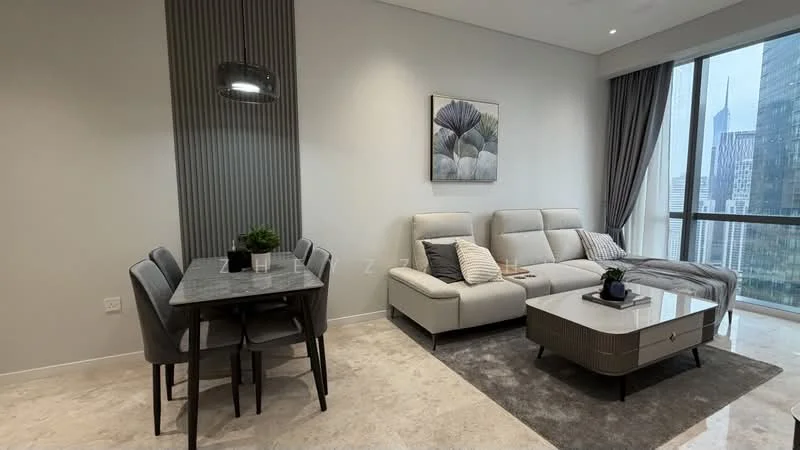 Living features: light grey sectional sofa, decorative cushions, coffee table with glass top, area rug, floor-to-ceiling windows, city view, wall-mounted artwork, recessed lighting, marble flooring; style: modern; view: city. Dining features: 4-seater dining table, grey upholstered dining chairs, decorative plant on table, accent wall with vertical panels; style: modern.