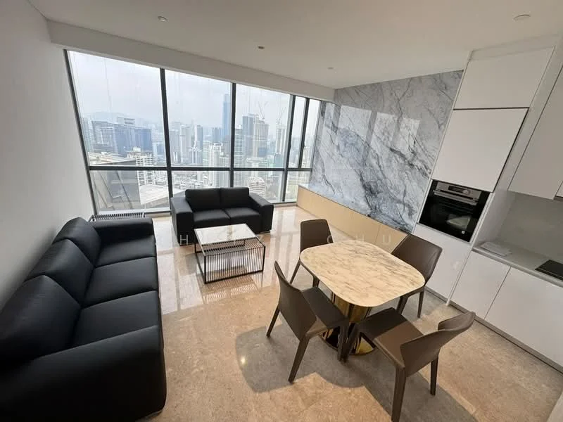 Living features: floor-to-ceiling windows, black fabric sofa, marble dining table, 4 dining chairs, marble accent wall, light-colored cabinetry, built-in oven, polished stone flooring, city skyline view, recessed lighting; style: modern; view: city.