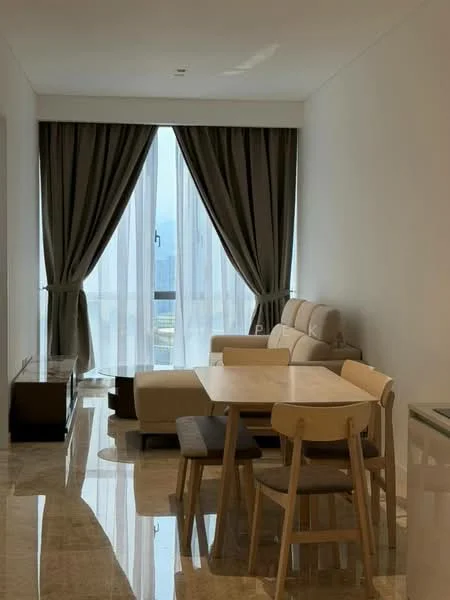 Living features: cream fabric sofa, wooden coffee table, 4-seater dining table, wooden dining chairs, floor-to-ceiling windows, sheer curtains, dark curtains, marble flooring, wall-mounted TV console, neutral painted walls; style: modern; view: city.