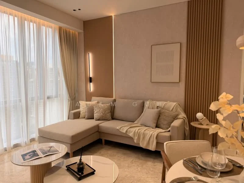 Living features: L-shape sectional sofa in beige, decorative throw pillows, coffee table with glass top, area rug, floor-to-ceiling windows with sheer curtains, wall-mounted light fixture, textured accent wall, marble flooring, decorative wall art; style: modern; view: city.