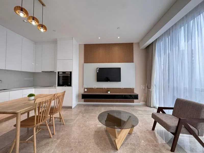 Living features: white cabinetry, wooden dining table with four chairs, grey upholstered armchair, glass coffee table, wall-mounted TV, wood feature wall, marble flooring, floor-to-ceiling windows with sheer curtains, recessed downlights, pendant lighting above dining table; style: modern.