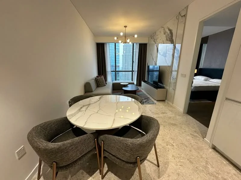 Living features: marble dining table, 4 upholstered dining chairs, sofa in grey fabric, floor-to-ceiling windows, curtains, chandelier with multiple bulbs, TV console, wall-mounted TV, decorative wall with marble finish, light-colored walls, stone flooring; style: modern; view: city.