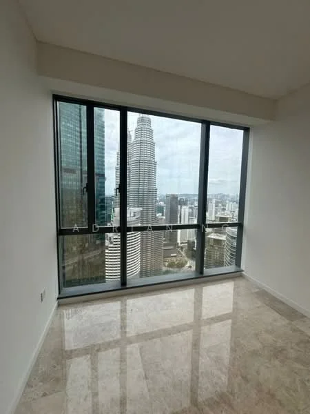 Room features: floor-to-ceiling windows, marble flooring, city skyline view, neutral painted walls; style: modern; view: city.