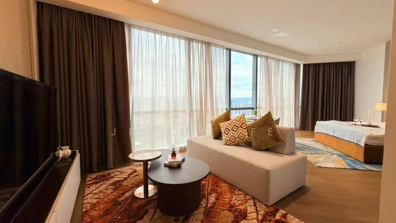 Living features: floor-to-ceiling windows, sheer curtains, dark brown curtains, 3-seater fabric sofa in light grey, decorative throw pillows, round coffee table, area rug with geometric pattern, wall-mounted TV, wooden flooring, decorative plants; style: modern; view: city. Bedroom features: king-size bed, upholstered headboard, bedding in white, bedside lamps, wooden flooring; style: modern; view: city.