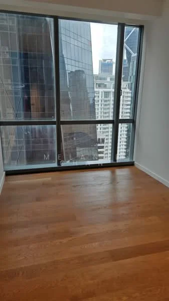 Room features: large floor-to-ceiling windows, wooden flooring, neutral painted walls, city skyline view; style: modern; view: city.