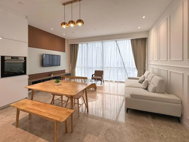 Living features: white painted walls with wainscoting, wood panel accent wall, marble tile flooring, 5-blade ceiling fan with light, floor-to-ceiling windows with sheer curtains, L-shape sectional sofa in white, wooden coffee table, TV console with wall-mounted TV, dining table with wooden bench seating, decorative plants, armchair in brown fabric; style: modern; view: city.