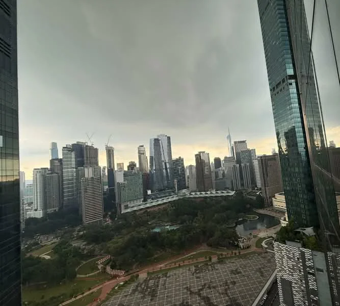 Exterior type: high-rise condominium; features: city skyline view, surrounded by greenery, modern glass facade, urban landscape, park area visible, cloudy sky, high-rise buildings, open space in foreground; style: modern.