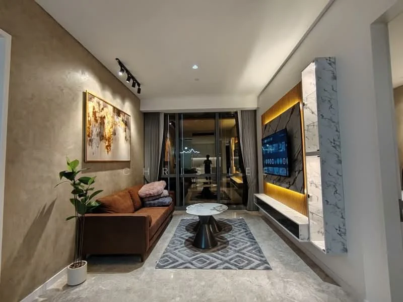 Living features: brown fabric sofa, marble coffee table, area rug with geometric pattern, wall-mounted TV, built-in entertainment unit with marble finish, decorative wall art, recessed lighting, floor-to-ceiling windows, grey painted walls, light grey flooring; style: modern; view: city.