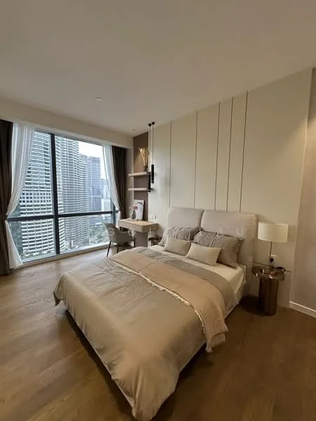 Bedroom features: king-size bed with beige bedding, upholstered headboard, wooden bedside table, table lamp, study desk with chair, floor-to-ceiling windows, curtains, wooden flooring, decorative wall paneling, wall-mounted shelf, city view; style: modern; view: city.