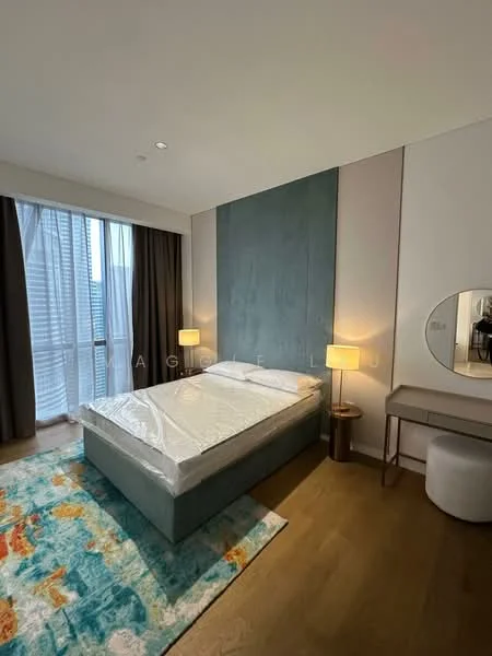 Bedroom features: king-size bed with mattress protector, upholstered headboard, two bedside lamps, round mirror, wooden side table, area rug with colorful pattern, floor-to-ceiling windows, curtains, wooden flooring, accent wall in teal, neutral painted walls; style: modern; view: city.