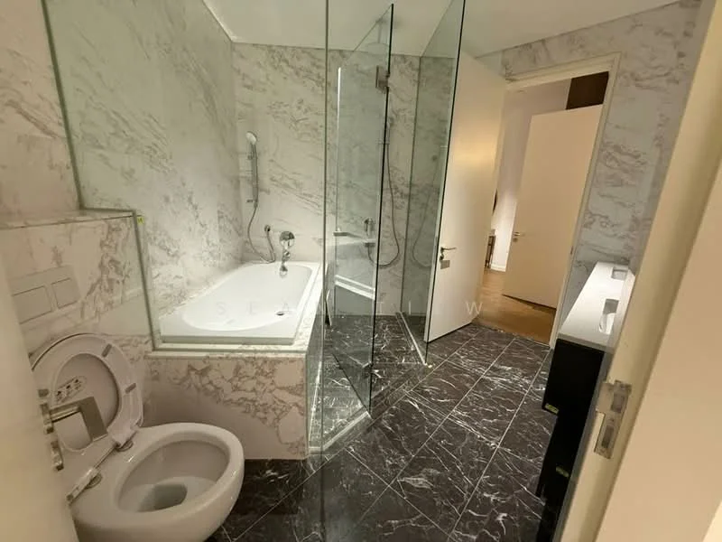 Bathroom features: freestanding bathtub, walk-in shower with glass enclosure, chrome handheld shower, white toilet, single-sink vanity with white cabinet, marble wall cladding, dark marble flooring, mirror above vanity; style: modern.