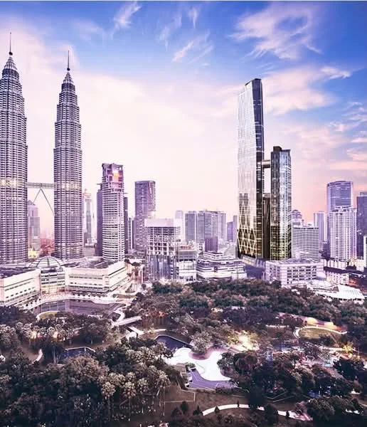 Exterior type: high-rise condominium; features: glass curtain wall, surrounded by mature greenery, city skyline view, proximity to Petronas Twin Towers, modern architectural design, landscape garden in foreground; style: modern.