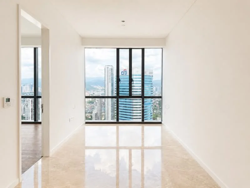 Room features: white painted walls, marble tile flooring, floor-to-ceiling windows, city view, recessed downlights, open layout, natural light, smooth ceiling; style: modern; view: city.