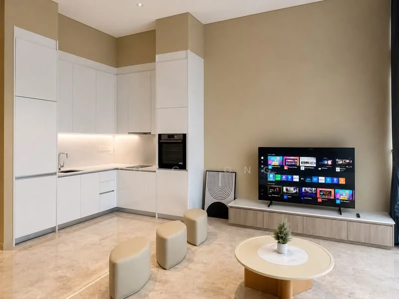 Living features: white cabinetry, built-in oven, stainless-steel sink, chrome pull-down faucet, marble countertop, recessed lighting, TV console, wall-mounted TV, cream accent wall, marble flooring, round coffee table, decorative plant on table, three beige stools; style: modern.