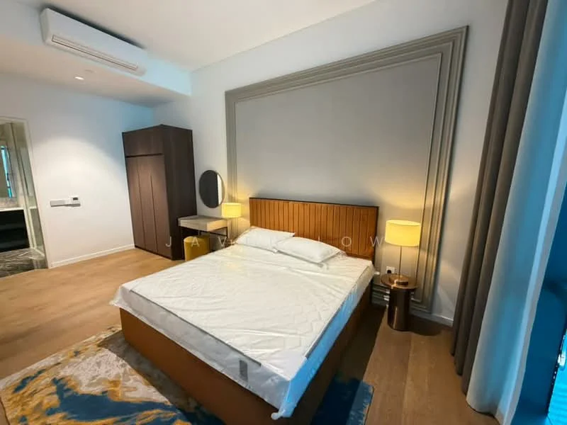 Bedroom features: king-size bed, upholstered headboard, two bedside lamps, wooden flooring, built-in wardrobe, decorative wall paneling, floor-to-ceiling window, curtains, area rug with geometric pattern, recessed ceiling lights, wall-mounted mirror; style: modern.
