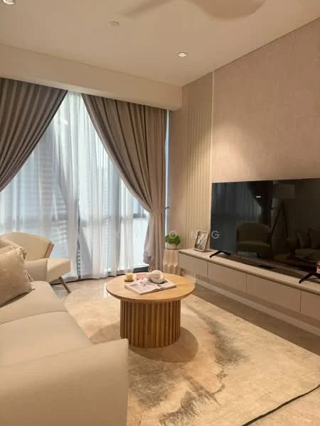 Living features: 3-seater fabric sofa in light beige, round coffee table with wooden base, area rug with soft texture, wall-mounted flat-screen TV, light grey accent wall, floor-to-ceiling windows with sheer curtains, recessed ceiling lights, decorative plant on TV console, decorative items on coffee table; style: modern; view: city.