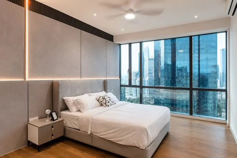 Bedroom features: king-size bed with upholstered headboard, white bedding, nightstand with lamp, floor-to-ceiling windows, city skyline view, wooden flooring, ceiling fan, recessed downlights, decorative wall paneling, air conditioning unit; style: modern; view: city.