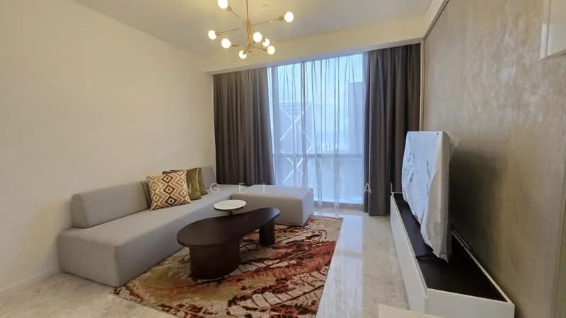 Living features: L-shape sectional sofa in light grey, decorative throw pillows, round wooden coffee table, area rug with geometric pattern, floor-to-ceiling windows, sheer curtains, wall-mounted TV, TV console, light fixture with multiple bulbs, neutral painted walls, marble flooring; style: modern.