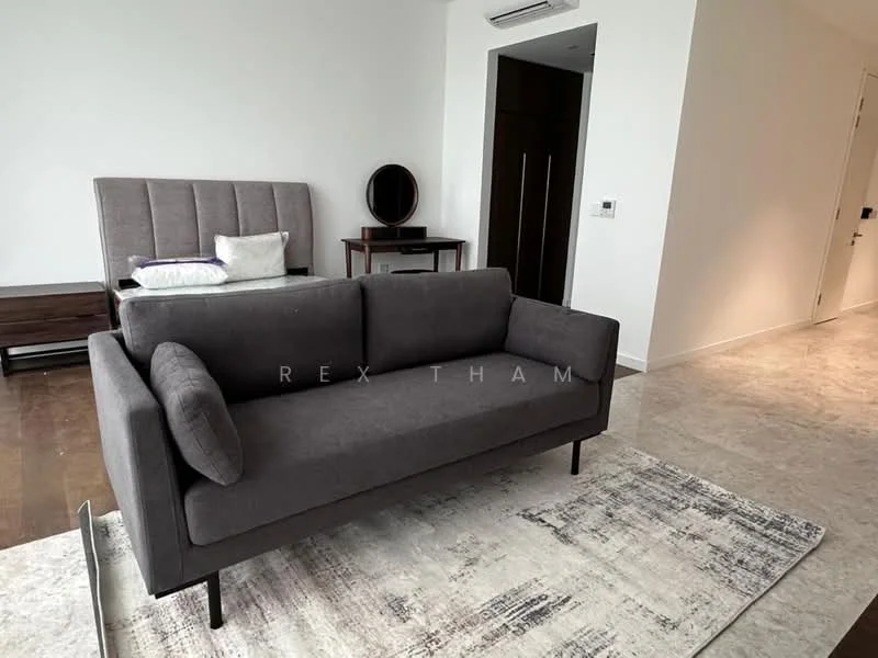 Living features: 3-seater fabric sofa in grey, area rug with geometric pattern, wooden side table, wall-mounted mirror, floor-to-ceiling windows, light-colored walls, recessed downlights, wooden flooring; style: modern. Bedroom features: queen-size bed with upholstered headboard, bedding with decorative pillows, nightstand, built-in wardrobe, light-colored walls, wooden flooring; style: modern.