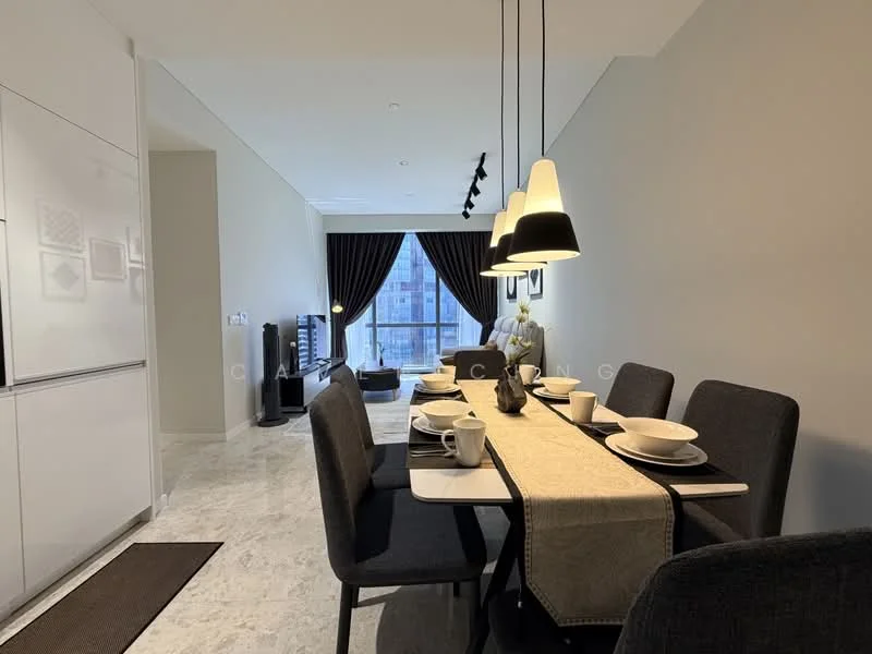 Dining features: 6-seater dining table, black upholstered dining chairs, table runner, ceramic plates, coffee mugs, decorative centerpiece, pendant lighting, marble flooring, floor-to-ceiling windows, black curtains, wall-mounted TV, neutral painted walls; style: modern; view: city. Room features: open layout, natural light.