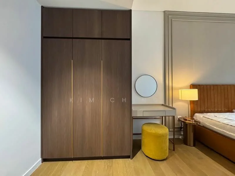 Bedroom features: wooden wardrobe with two doors, round mirror, wooden bedside table, table lamp, upholstered bed headboard, queen-size bed, yellow upholstered stool, wooden flooring, decorative wall paneling; style: modern.