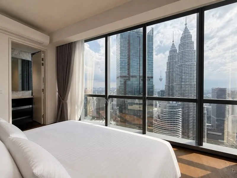 Bedroom features: king-size bed with white bedding, floor-to-ceiling windows, city skyline view, wooden flooring, curtains, nightstand, built-in wardrobe, decorative wall paneling; style: modern; view: city.