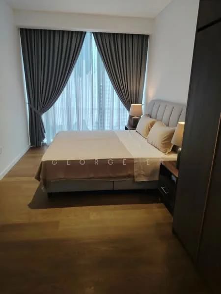 Bedroom features: king-size bed, upholstered headboard, two bedside lamps, wooden flooring, floor-to-ceiling windows, sheer curtains, dark wood bedside tables, decorative wall art; style: modern; view: city.