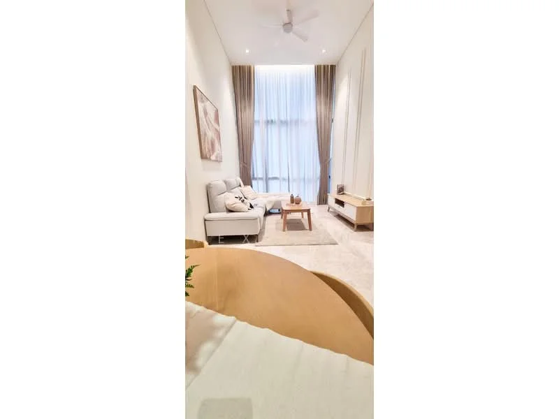 Living features: 3-seater fabric sofa in light grey, wooden coffee table, area rug with neutral tones, floor-to-ceiling windows, sheer curtains, light-coloured walls, recessed downlights, ceiling fan, decorative artwork on wall, wooden TV console; style: modern.