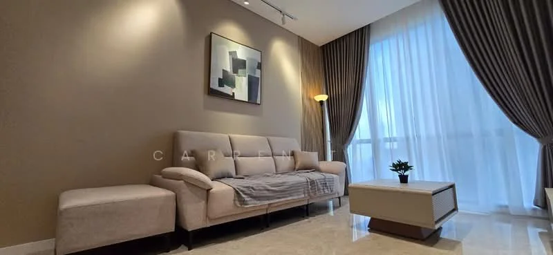 Living features: beige fabric 3-seater sofa, grey throw blanket on sofa, light wood coffee table, decorative plant on coffee table, floor lamp, cream marble flooring, brown accent wall, floor-to-ceiling windows with sheer curtains, recessed downlights; style: modern.