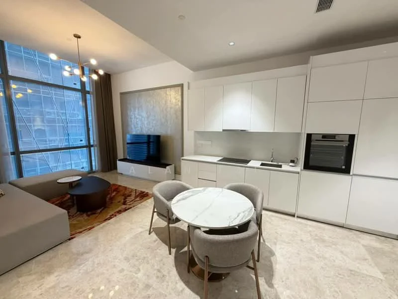 Kitchen features: white cabinetry, marble countertop, built-in oven, stainless-steel fridge, ceramic cooktop, single-bowl stainless-steel sink, chrome pull-down faucet, recessed downlights, open shelving, grey upholstered dining chairs, round dining table with marble top, area rug with geometric pattern, floor-to-ceiling windows, sofa in light grey fabric; style: modern; view: city.