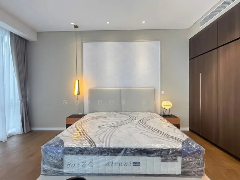 Bedroom features: king-size bed, upholstered headboard, wooden bedside tables, table lamp, floor-to-ceiling windows, curtains, wooden flooring, recessed downlights, decorative wall panel, built-in wardrobe; style: modern.