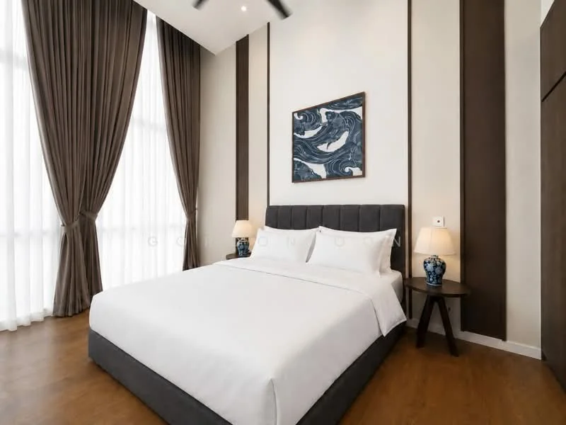 Bedroom features: king-size bed with white bedding, upholstered headboard in grey, two bedside tables with blue decorative lamps, floor-to-ceiling windows with sheer curtains, wooden flooring, wall-mounted artwork with abstract design, built-in wardrobe, recessed ceiling lights, ceiling fan with light; style: modern.