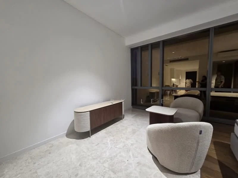 Living features: light-coloured marble flooring, white painted walls, large floor-to-ceiling windows, modern low-profile coffee table, curved upholstered armchairs, wooden sideboard, recessed ceiling lights, neutral colour palette; style: modern.