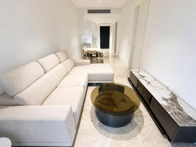 Living features: L-shape sectional sofa in beige fabric, coffee table with marble top, TV console with dark wood finish, marble flooring, white painted walls, recessed downlights, open layout, large windows for natural light; style: modern. Room features: hallway leading to other rooms, white painted walls, marble flooring.