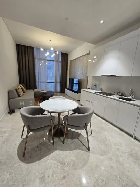 Living features: grey fabric sofa, round dining table, 2 grey upholstered chairs, white cabinetry, stainless-steel sink, built-in oven, refrigerator, marble flooring, pendant lighting, floor-to-ceiling windows with sheer curtains, decorative wall panel, wall-mounted TV, area rug; style: modern.