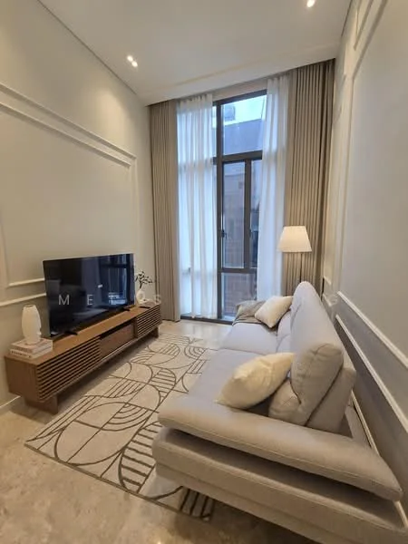 Living features: light grey fabric sofa, wooden TV console, wall-mounted TV, area rug with geometric pattern, floor-to-ceiling windows, sheer curtains, recessed downlights, decorative lamp, cream painted walls, marble flooring; style: modern.