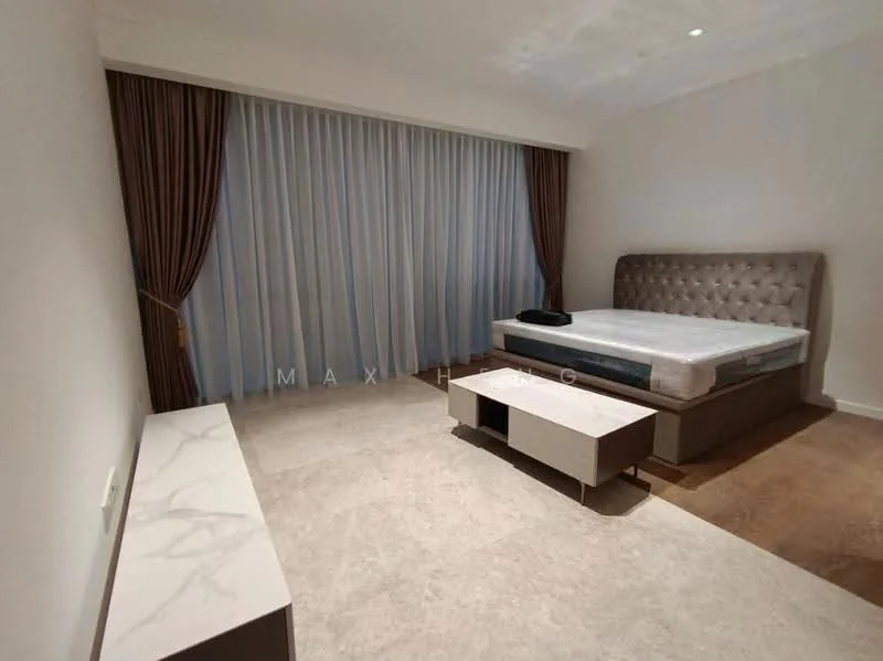 Bedroom features: queen-size bed with upholstered headboard, marble bedside table, floor-to-ceiling windows, sheer curtains, dark brown curtains, light-colored walls, tile flooring, decorative wall paneling; style: modern.