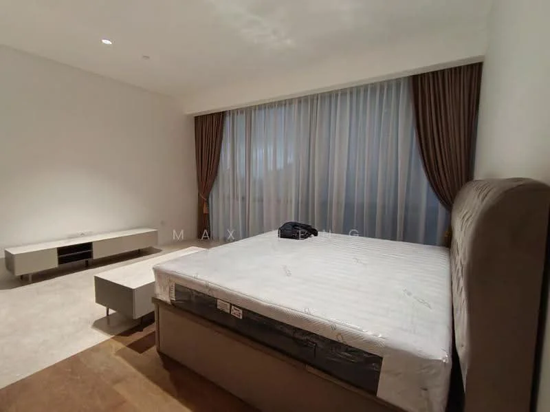Bedroom features: queen-size bed, upholstered headboard, floor-to-ceiling windows, sheer curtains, dark brown curtains, light-colored walls, laminate flooring, TV console, decorative wall, area rug; style: modern.