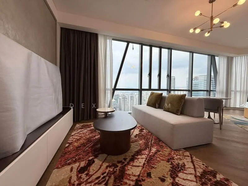 Living features: floor-to-ceiling windows, grey fabric sofa, round coffee table, area rug with geometric pattern, wall-mounted TV console, curtains, wooden flooring, chandelier with multiple bulbs; style: modern; view: city.
