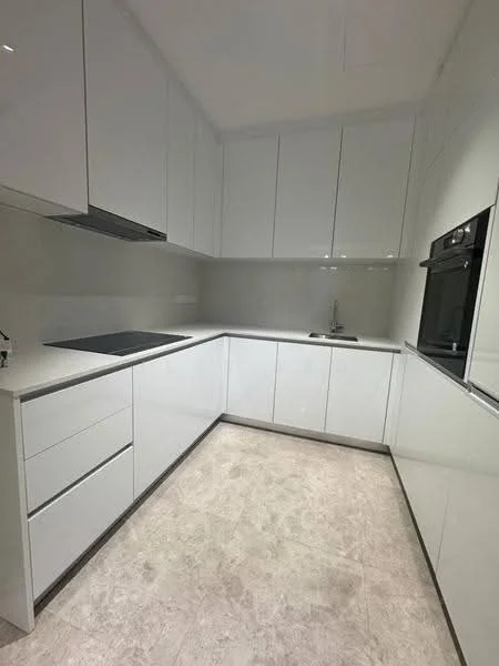 Kitchen features: white glossy cabinetry, quartz countertop, built-in oven, stainless-steel sink, chrome pull-down faucet, ceramic tile flooring, flat-panel cabinet doors, integrated cooktop, recessed lighting, neutral wall color, minimalist design; style: modern.