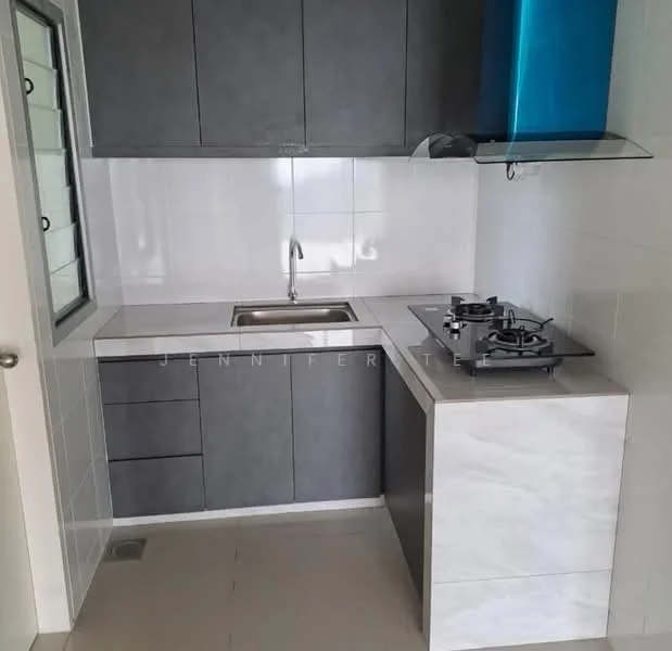 Kitchen features: grey cabinetry, white tiled backsplash, stainless-steel single-bowl sink, chrome faucet, gas cooktop with two burners, white countertop, light-colored flooring, window above sink; style: modern.